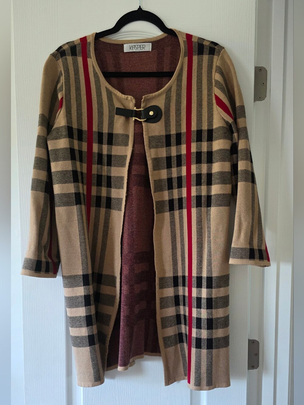 Kasper Women’s Plaid Long Cardigan Duster Tan Black Red Open Front